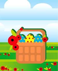 Easter eggs are in basket on a field