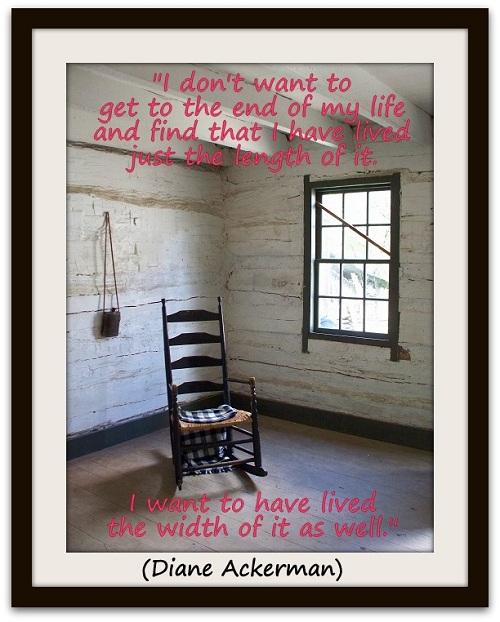 "I don't want to get to the end of my life and find that I have lived just the length of it.  I want to have lived the width of it as well." (Diane Ackerman)