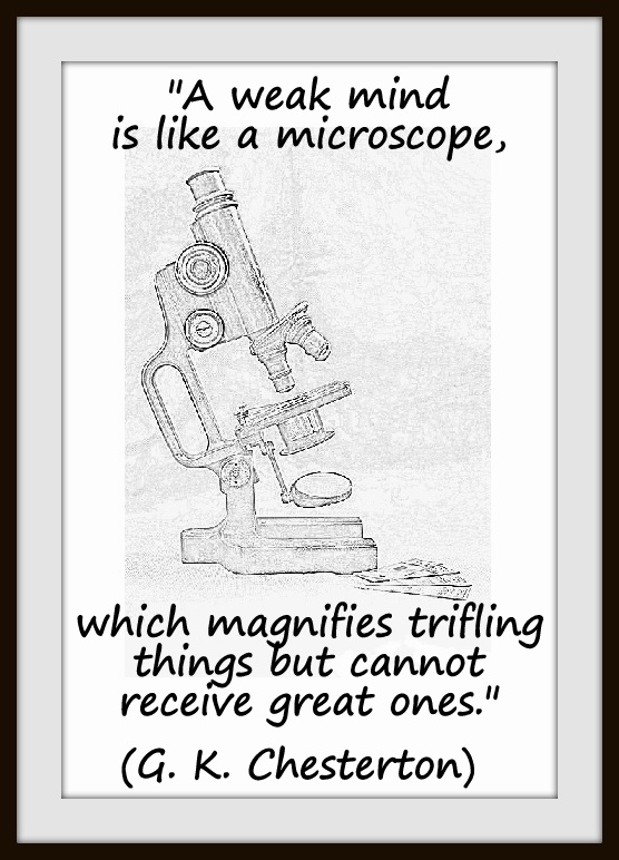 "A weak mind is like a microscope, which magnifies trifling things but cannot receive great ones." (G. K. Chesterton)