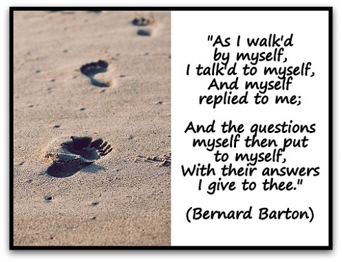 "As I walk'd by myself, I talk'd to myself, And myself replied to me; And the questions myself then put to myself, With their answers I give to thee." (Bernard Barton)