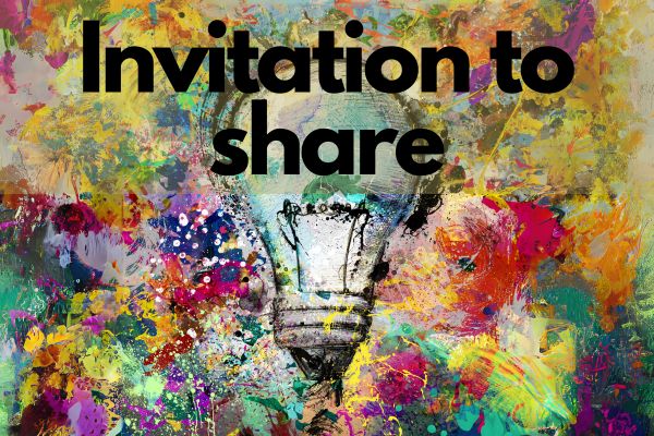 The background is like an explosion of paint has happened with lots of different bright colours blending into each other. An image of a lightbulb is ontop of that with the outline looking like it is done in charcoal.
The text over the top reads "Invitation to share"