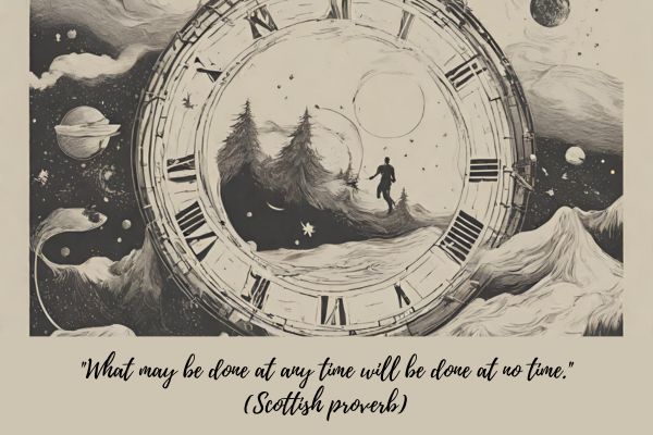 Ther image is in black and an off white, similar to an image that could be found in an old paperback book.
There is a round clock face with roman numerals around the outside, it does not have any hands. Instead in the centre of the image is a snowy forest scene in silhouette. A figure can be seen in the mid distance.
Around the outside of the clock face is a stary night sky with planets and snow mountains.
Beneath this image is the text: "What may be done at any time will be done at no time." (Scottish proverb)