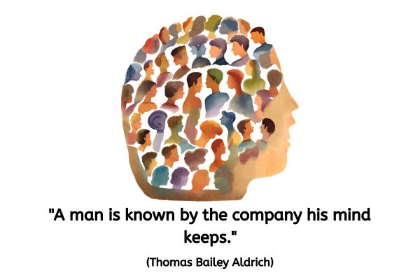 A watercoulured outline of a side profile of a human head. Inside the head, where the brain would be are lots of different side images of different humans head and shoulders - the mind's social gathering!
Underneath is text that reads: "A man is known by the company his mind keeps." (Thomas Bailey Aldrich)