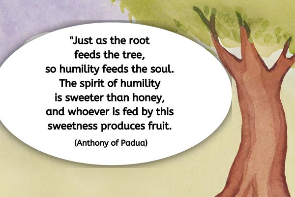 A water colour wash of a purply sky and a wash of yellowy brown on the ground forms a back drop. A sturdy tree trunk with roots going into the ground and a canapy of green leaves is position on the right of the image.
The text taking up the bulk of the left and the centre of the image reads: "Just as the root feeds the tree, so humility feeds the soul. The spirit of humility is sweeter than honey, and whoever is fed by this sweetness produces fruit." (Anthony of Padua)
