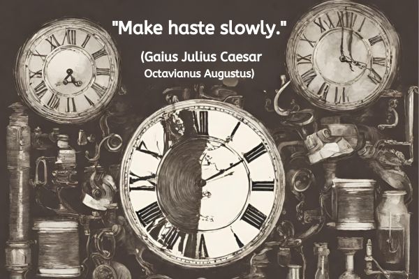 A black and white victorian esq ink style image. The background has a series of pipes and boiler type tanks with some gauges. There are also 3 round clock faces with roman numerials. These have bent and missing hands, some numbers are missing and are dirt/ink splattered. The text reads "Make haste slowly." - (Gaius Julius Caesar Octavianus Augustus)