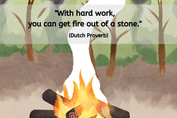 A watercolour image of a campfire burning 6 logs - green trees in the background. The fire is already alight and there is no indication of the igniting possibilities that were used.
Yellow flames with red outer edges can be seen and white smoke is drifting upwards.
The text across the top reads: "With hard work you can get fire out of a stone." (Dutch proverb)