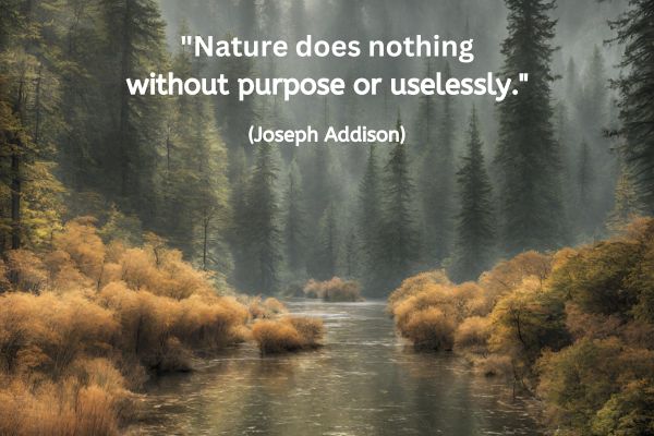 A river flows through the centre of the image. In the background are green pine trees, apparently going all the way up the river valley's slopes. Immediatly on the banks of teh river are small bush type vergitation in autumnal shades.
The text reads: "Nature does nothing without purpose or uselessly." (Joseph Addison)
