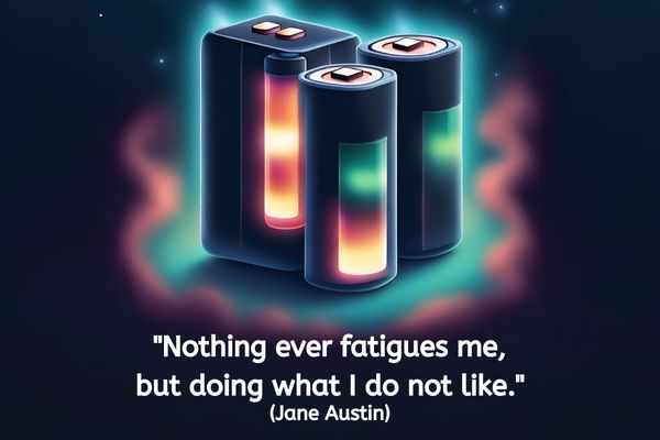 A black background has an illustration of three batteries in the centre with a band of green and then red light radiating outwards/ The cuboid bettery to the right has an indicatior light lit totally red. next to that battery is a cylindrical bettery which only has half of its indicator light lit green. A third battery is sat in front of those two, forming a traingular shape. That last batter has its indicator lit half green and half red.
The text reads: " "Nothing ever fatigues me, but doing what I do not light." (Jane Austin)