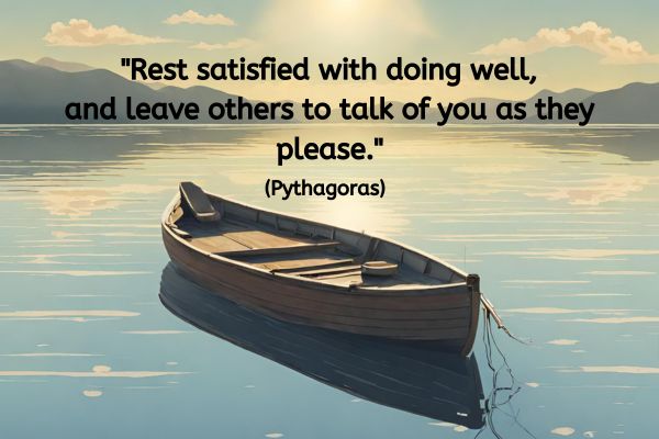 This is an illustration of a boat floating on a calm lake. In the distance on the skyline you can see some rolling hills whick are reflected on the lakes water. A warm glow is coming from the sun in a clear blue sky with the occasional whispy white cloud.
The text reads: "Rest satisfied with doing well, and leave others to talk of you as they please." (Pythagoras)