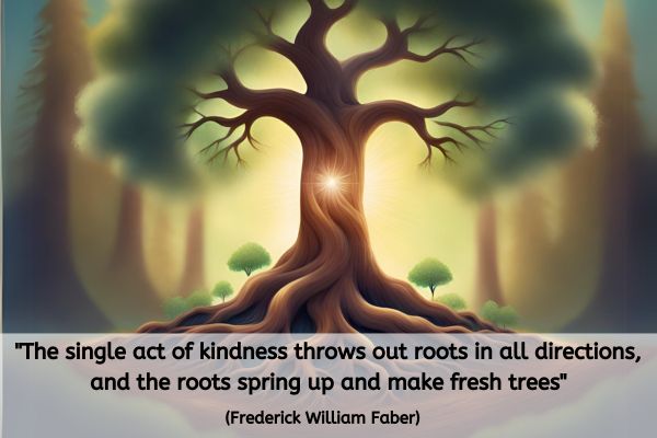 This is an illustration of a large healthy green tree. In the centre of the big trunk is a glowing light. The tree has many roots shooting downn into the ground and spreading out. There are many other trees around. The text reads "The single act of kindness throws out roots in all directions, and the roots spring up and make fresh trees." (Frederick William Faber.