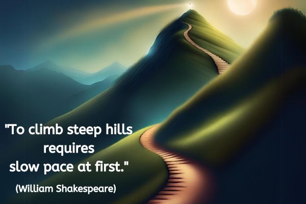This background is in an animated style. A winding path and steps curves round one green hill and continues on up the slope of another hill behind leading up to the top. The text reads "To climb steep hills requires slow pace at first." (William Shakespeare)
