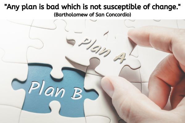 This is an image of a plain white jigsaw that has been almost put together. The final piece is about to be place into the centre and is being held between two fingers. On that final piece is the phrase Plan A. Under the gap where the piece is about to be placed, a turquoise background has the phrase Plan B written on it.
The text reads: Happy Monday! Today's quote is: "Any plan is bad which is not susceptible of change." (Bartholomew of San Concordio)