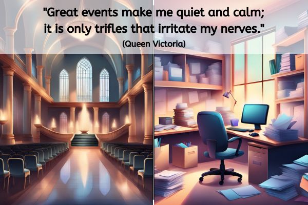 This image is split into two halves. On the left is a empty great hall with columns around the edges and giant arched windows behind a stage. All the lights are shining fully and seats either side of an aisle are all facing towards the stage.
The image on the right is of an office with a sindle desk with an empty chir in front of a computer. Papers and files are pilled everwhere , including on the floor and some of the boxes on shelves are stacked haphazardly.
The text reads: "Great events make me quiet and calm; it is only trifles that irritate my nerves." (Queen Victoria)