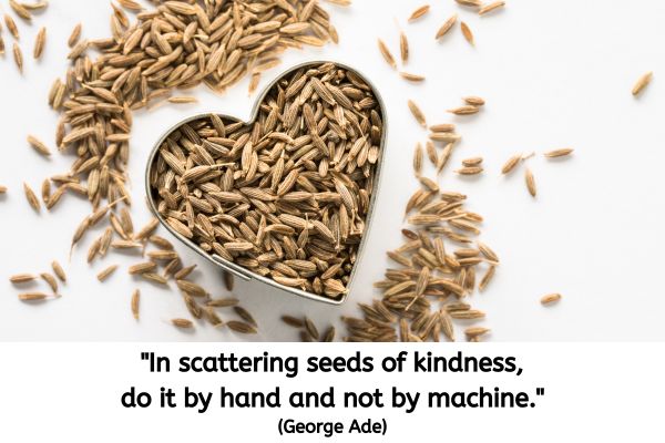 This image is looking down onto what looks like a heart shaped cookie cutter sat on a white surface. Within the heart shape are seeds that are filled up and level with the top of the cookie cutter. Outside of the contained seeds is a gap and then seeds are strewn apparently more randomly and not as contained.
The text reads: "In scattering seeds of kindness, do it by hand and not by machine." (George Ade)