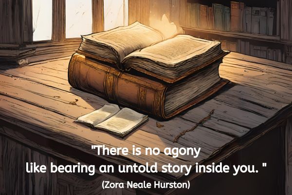 This image is in an animated style. A wooden table/bench is against a wall with windows so that sunlight is shining though onto a two battered hard backed books, one open and a bigger one underneath. Alongside these is a smaller pamphlet. In the background are shelves full of books.
The text reads: "There is no agony like bearing an untold story inside you." (Zora Neale Hurston)