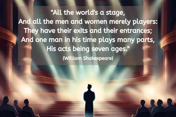 This image is done in a dreamlike style. A lone figue is stood in shadow at the centre of the bottom of the image. Apparently they are stood in either a large wide aisle or down a wide catwalk leading to steps up to a raised stage area. It is not apparent what roles this individual is playing. On either side of the aisle are rows of audience, all sat, who are also in shadow. Impressive looking columns are oneither side of this raised stage. 7 theratical spotlights are shining down onto different areas of the stage with light feflecting off the surface causing a glow. The text reads: "All the world's a stage, And all the men and women merely players: They have their exits and their entrances; And one man in his time plays many parts, His acts being seven ages.". (William Shakespeare)