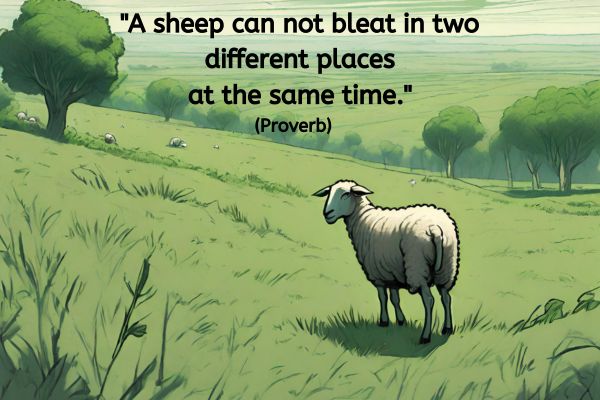 This is done in an animated concept art style. Rolling green fields stretch out to the horizon. Green, oak type trees can be seen interspersed throughout the landscape. The viewer's focus is on a lone sheep which is stood turning to look in our direction. The text reads: "A sheep can not bleat in two different places at the same time." (Proverb)