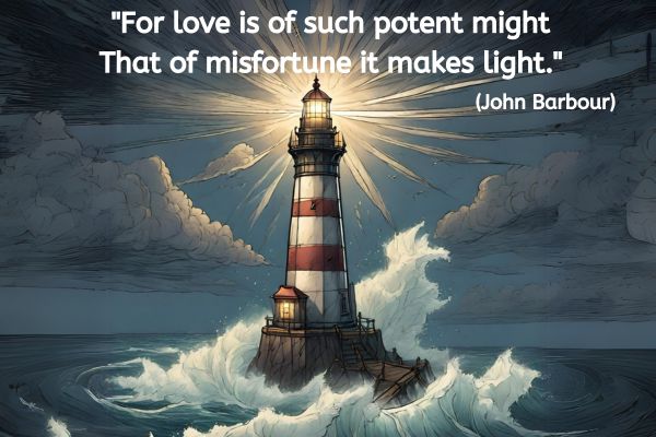 This is the style of an animation still at night. A lighthouse with the traditional red and white stripe colouring is in the centre of the image on a small rocky island. Its light is shining brightly. Waves are crashing around the island. The sky is clear around the lighthouse but dark clouds in the sky at the edge of the image. The text reads: "For love is of such potent might That of misfortune it makes light." (John Barbour)