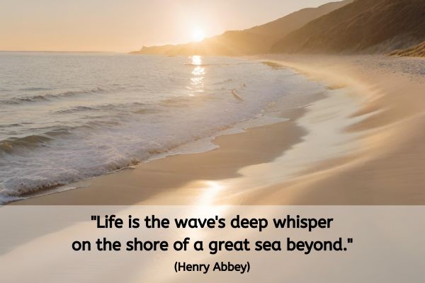 This is a scene of waves rolling up a beach with the sun setting in the distance. The text reads: "Life is the wave's deep whisper on the shore of a great sea beyond." (Henry Abbey)