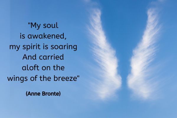 A clear blue sky apart from two elongated whispy, feathered clouds which form the shape of two angel wings. The text reads: "My soul is awakened, my spirit is soaring And carried aloft on the wings of the breeze." (Anne Bronte)
