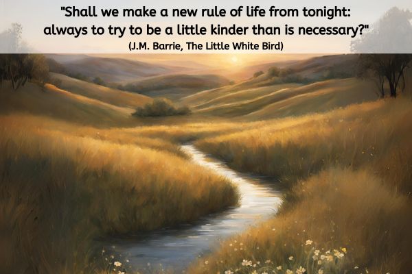 This image has a dreamlike golden glow about it. A tranquil stream runs throw the middle and out into the distance. On each side is lush grass with flowers mixed in. Rolling fields and tress are in the distance to the horizon, where the sun is setting. The text reads: "Shall we make a new rule of life from tonight: always to try to be a little kinder than is necessary?" (J.M. Barrie, The Little White Bird)
