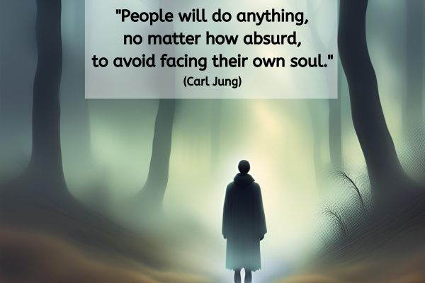 A dreamlike image of a misty forest. A lone figure stands in the foreground on a path looking out into the glowing mist ahead. The text reads: "People will do anything, no matter how absurd, to avoid facing their own soul." (Carl Jung)