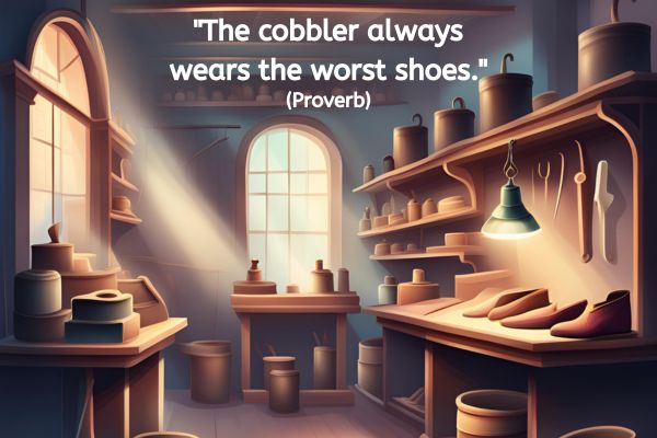 This is the interior of a cobbers work space. Two large arched windows let in lots of light. Shoe making equipment and tools are neatly arranged around the workbenches and shelves. the text reads: "The cobbler always wears the worst shoes." (Proverb)
