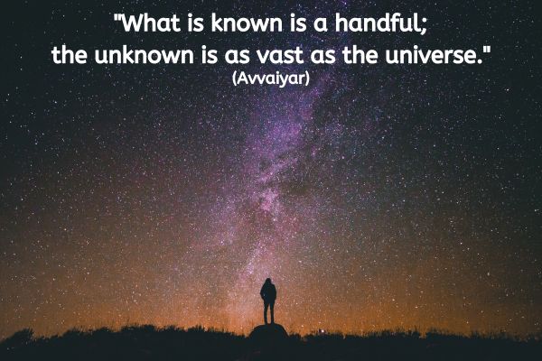 The vast proportion of this image is taken up by the nights sky, with the starts showing in purple and white. At the bottom is a silhouetted image of an individual stood on a mound looking up into the sky. The text reads: "What is known is a handful; the unknown is as vast as the universe." (Avvaiyar)