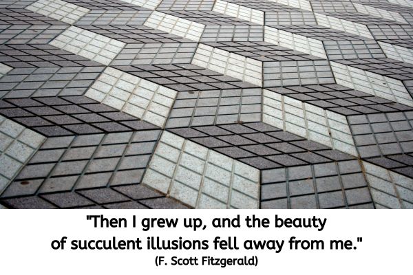 The image shows an intricate pattern of tiles on the ground, creating a visually striking geometric design. The tiles are arranged in a way that forms an optical illusion of three-dimensional cubes or a zigzag pattern, depending on the viewer's perspective. The tiles are in shades of gray and off-white, enhancing the illusion of depth and dimension. The text reads: "Then I grew up, and the beauty of succulent illusions fell away from me." (F. Scott Fitzgerald)