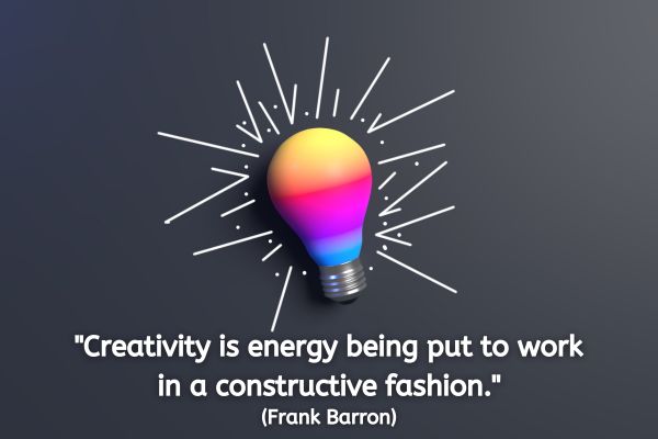The image features a vibrant light bulb set against a dark, neutral background. The bulb itself is not an ordinary one; it glows with a gradient of vivid colors ranging from pink at the top, transitioning through orange, and into a deep violet at the base, symbolizing creativity and innovation. Surrounding the bulb are white lines and dots that radiate outward, suggesting the emission of light and energy. These rays add a dynamic quality to the image, representing the light bulb as not only a source of light but also a metaphor for ideas and creative sparks. Above this visually striking graphic, there is a quote by Frank Barron: "Creativity is energy being put to work in a constructive fashion."