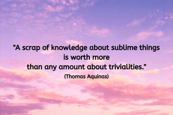 An expansive sky at sunset or sunrise, painted with soft pink and purple clouds. The atmosphere feels calm and tranquil, embodying a sense of wonder and depth. Overlaid in the centre of the image is the quote by Thomas Aquinas in bold black text:
"A scrap of knowledge about sublime things is worth more than any amount about trivialities."
