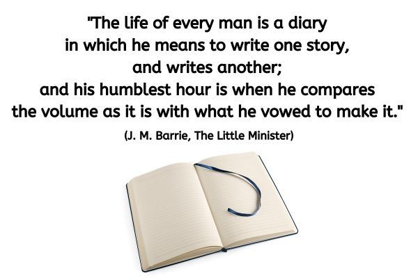 A notebook, is wide open with blank pages and an attached blue ribbon bookmark is laying across the right-hand page. It is the style of notebook you may keep as a diary.
Above a quote reads: "The life of every man is a diary in which he means to write one story, and writes another; and his humblest hour is when he compares the volume as it is with what he vowed to make it." (J. M. Barrie, The Little Minister)