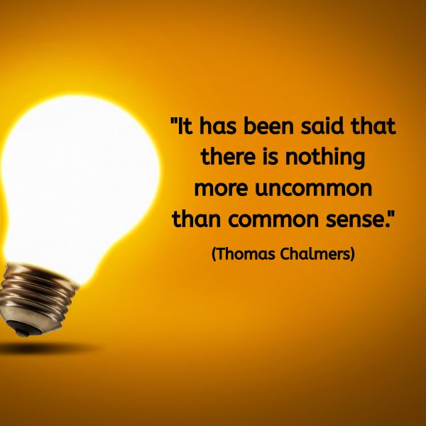 A rectangular image with a warm amber-orange background. On the left side, there is a glowing white light bulb lying horizontally with its metal base slightly lifted off the ground, casting a soft shadow below. To the right of the bulb, bold black text reads: "It has been said that there is nothing more uncommon than common sense." Below the quote, the attribution is given in smaller black text: (Thomas Chalmers). The image evokes a feeling of illumination, simplicity, and thoughtful reflection.