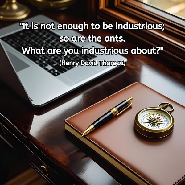 A polished wooden desk with a laptop partially in frame. In front of it lies a leather-bound notebook, a gold and black fountain pen, and a brass compass. Overlaid on the image is the quote: “It is not enough to be industrious; so are the ants. What are you industrious about?” (Henry David Thoreau)