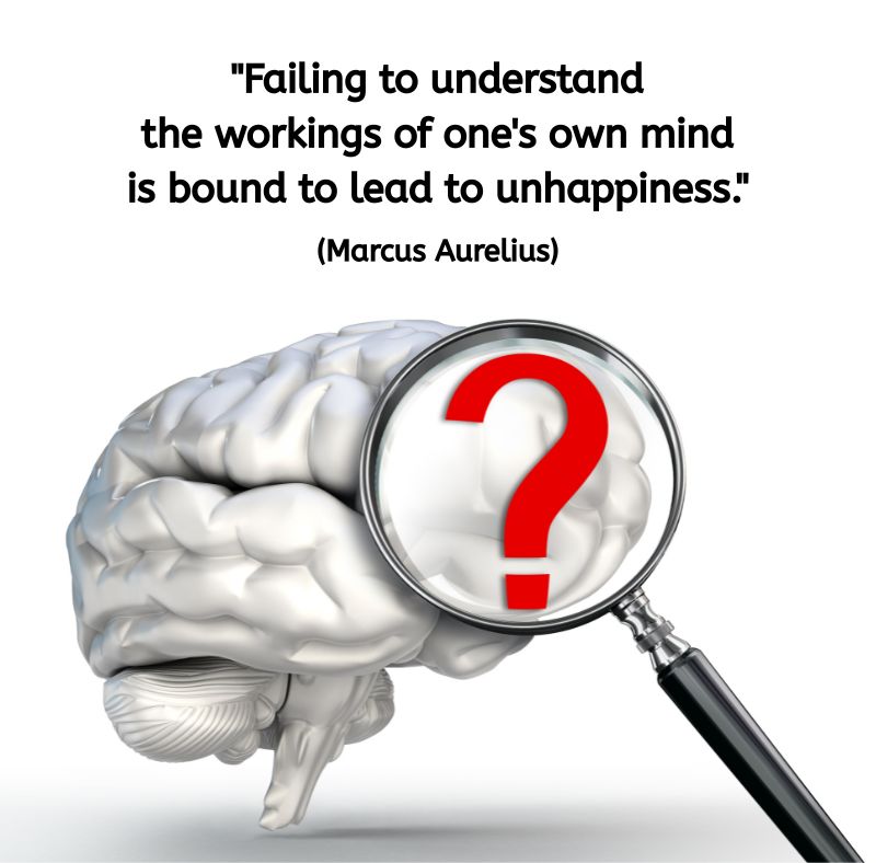 A white 3D model of a human brain sits against a plain background. A magnifying glass hovers over it, revealing a large red question mark in the centre. Above the image is the quote: "Failing to understand the workings of one's own mind is bound to lead to unhappiness." (Marcus Aurelius). The image suggests curiosity, awareness, and insight into the nature of thought.