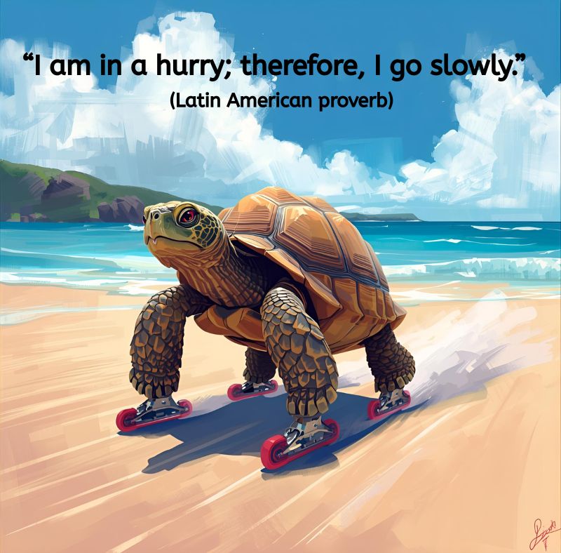 An illustrated turtle wearing roller skates glides along a sunlit beach with the sea and sky in the background. Above it, in black text, is the quote: “I am in a hurry; therefore, I go slowly.” (Latin American proverb) The image playfully conveys the idea of calm, deliberate progress even when speed is available.