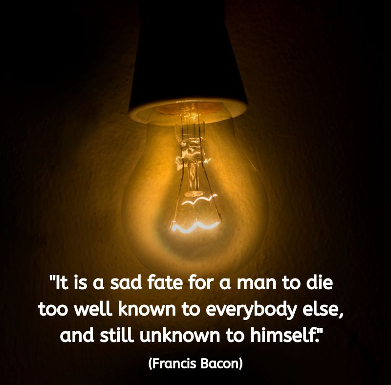 A softly glowing lightbulb hangs against a dark background, illuminating a warm halo of light. Text on the image reads: "It is a sad fate for a man to die too well known to everybody else, and still unknown to himself." (Francis Bacon) The image conveys quiet introspection and the contrast between outer recognition and inner understanding.