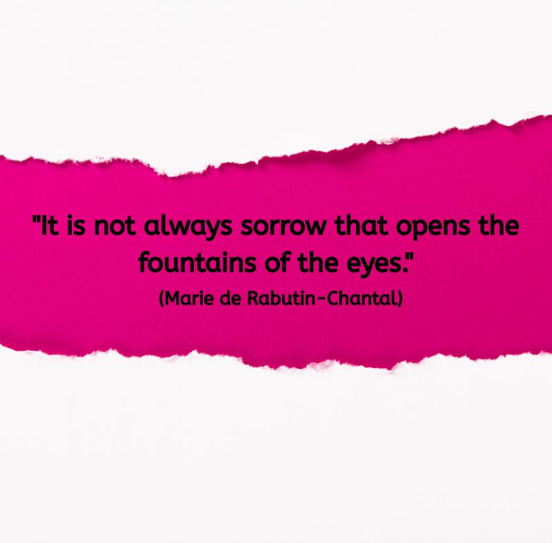 A bright pink strip of paper is torn across a white background, revealing the quote: “It is not always sorrow that opens the fountains of the eyes.” (Marie de Rabutin-Chantal) The bold pink and white contrast evokes both tenderness and clarity, suggesting emotion as expression rather than burden.