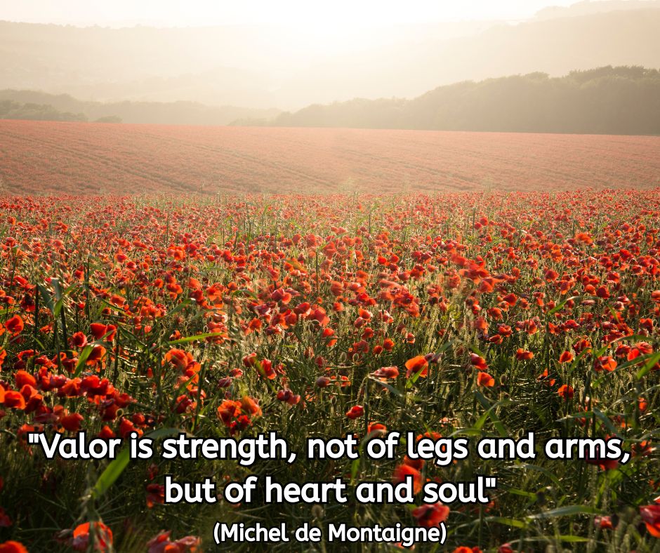 A warm sunrise over a vast field of red poppies stretching toward distant hills. The light glows softly through the mist, symbolising remembrance, courage, and peace. The quote reads: “Valor is strength, not of legs and arms, but of heart and soul.” (Michel de Montaigne)