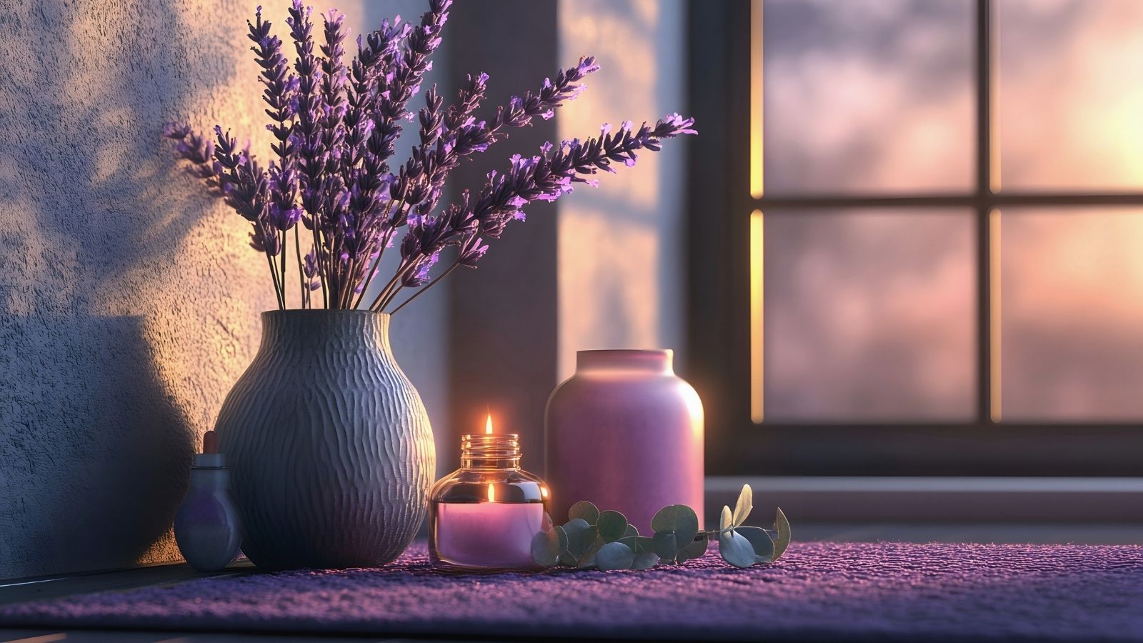 Soft window light falling across a simple arrangement of lavender and a lit candle, creating a quiet, gently held atmosphere.