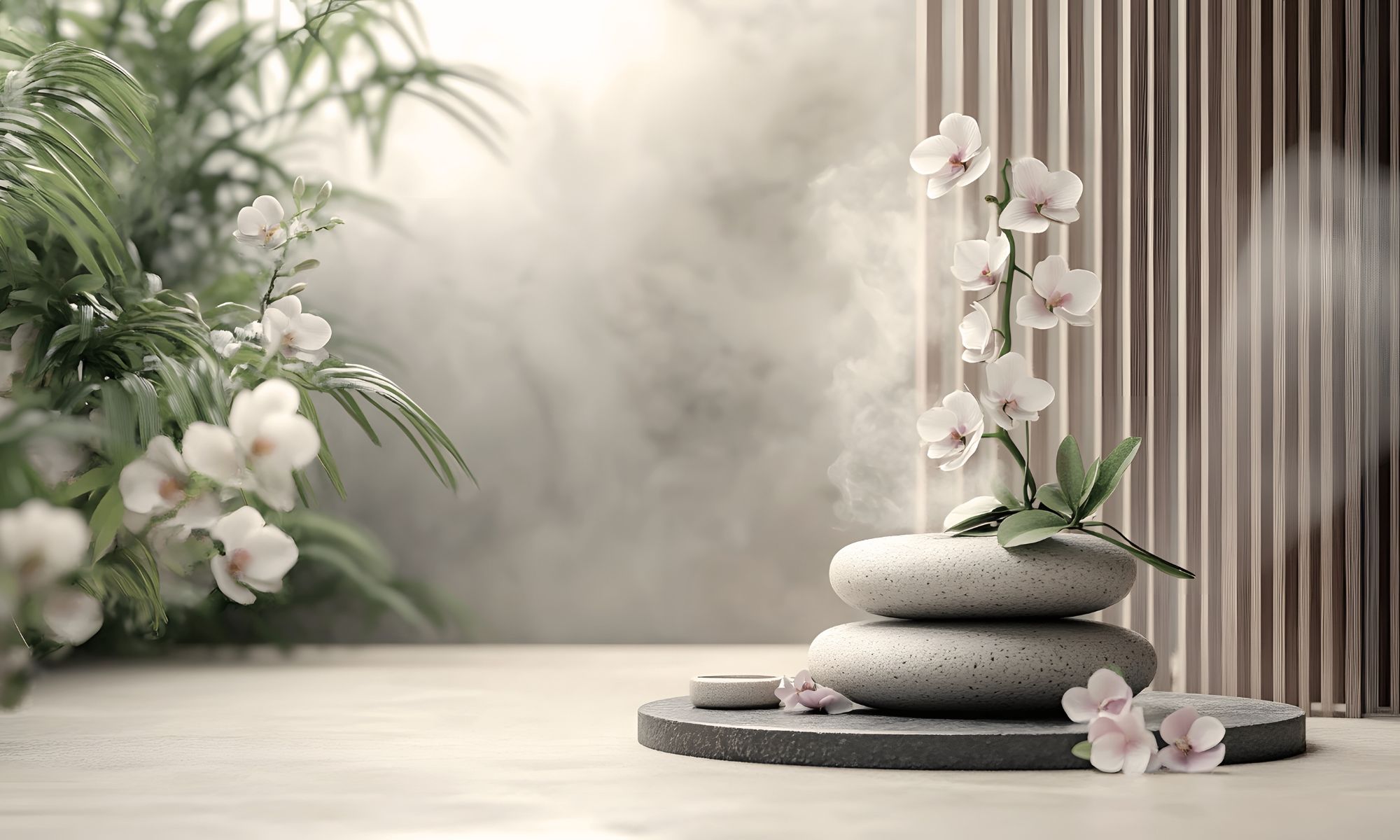 Stacked smooth stones with a flowering orchid in a softly lit, calm interior space.
