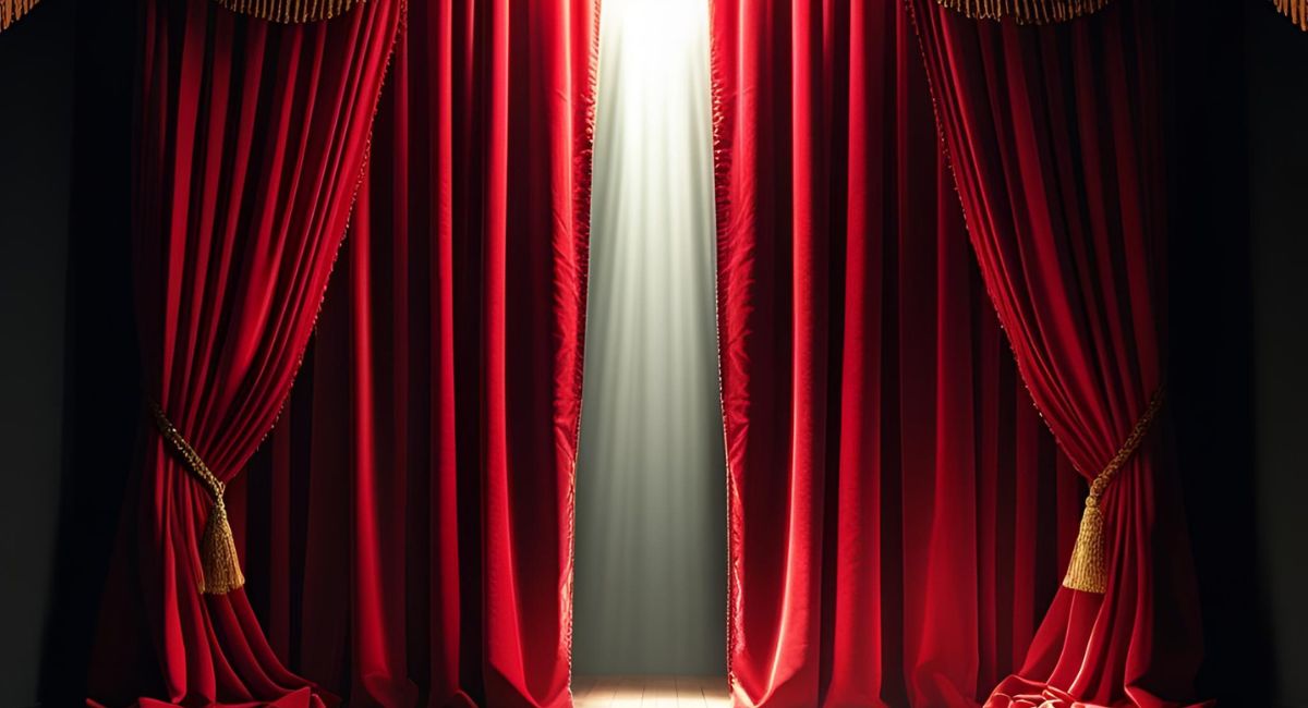 Deep red theatre curtains partly open with a narrow gap of light shining through, suggesting a glimpse behind the stage.