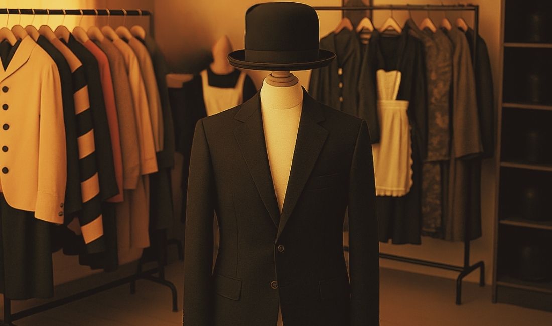A mannequin dressed in a suit and bowler hat standing in a clothing shop, with various garments hanging on racks behind it.